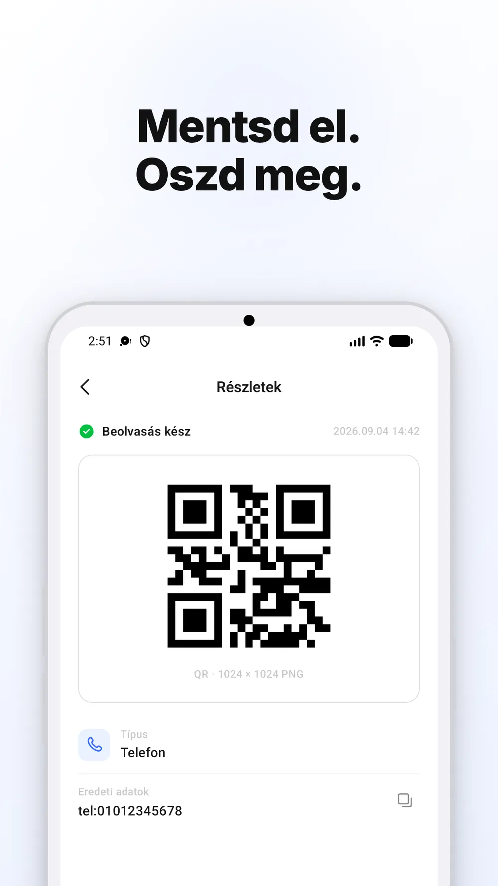 QR-kód részletei a kép mentésére és megosztására szolgáló lehetőségekkel.