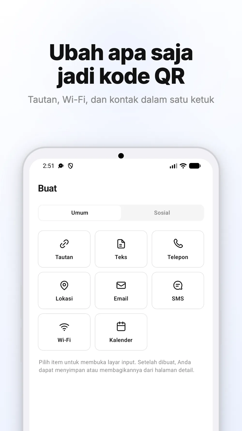 Layar pembuatan kode QR untuk tautan, Wi-Fi, dan jenis informasi lainnya.