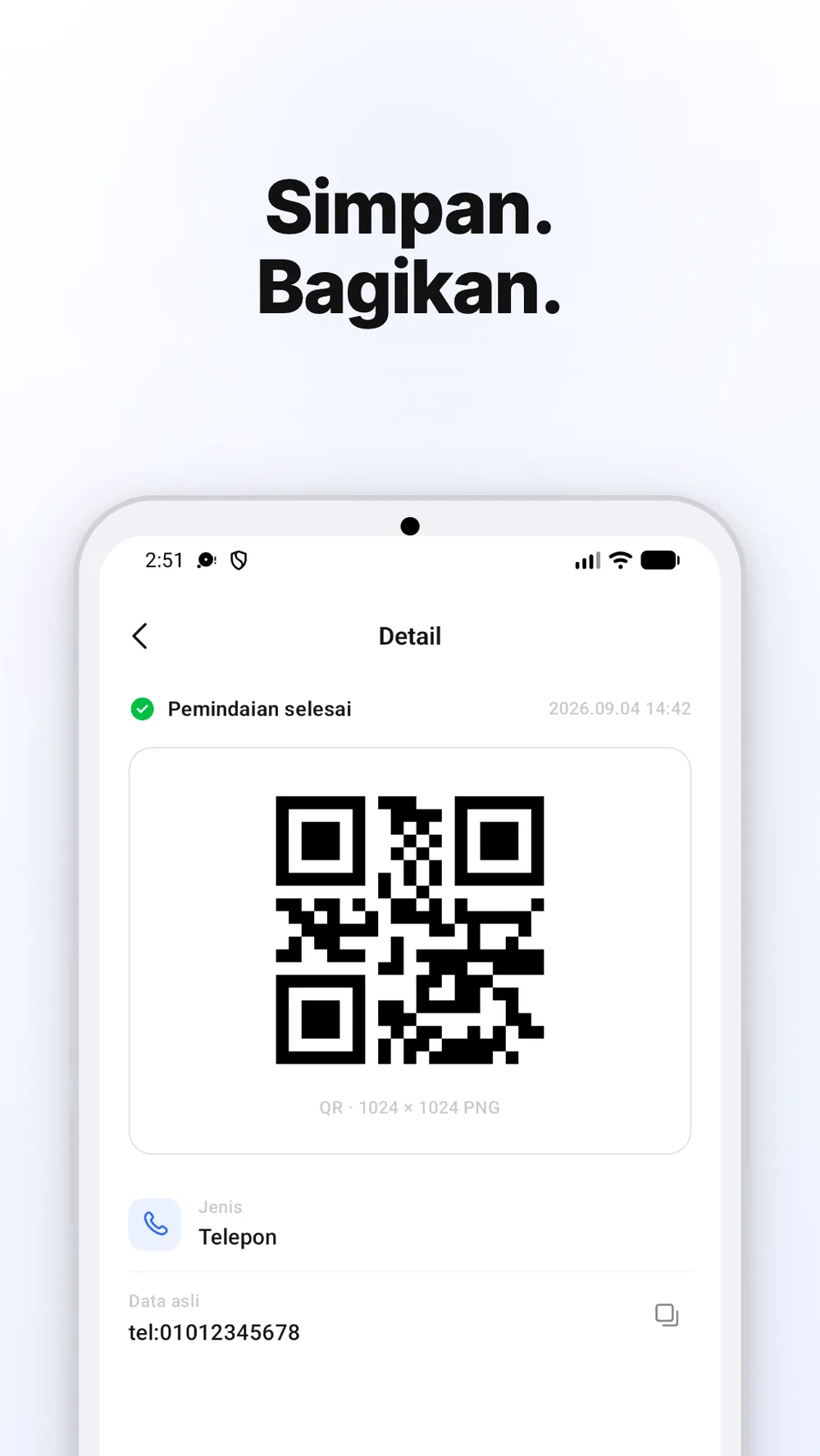 Layar detail dengan kode QR serta pilihan untuk menyimpan dan membagikan gambar.