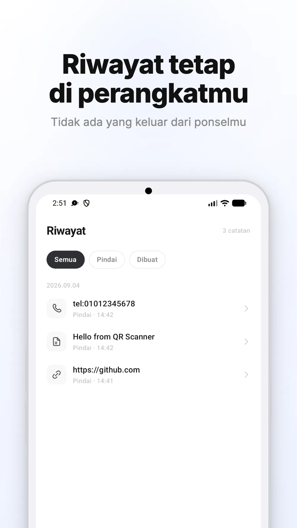 Riwayat kode QR yang dipindai dan dibuat, tersimpan di perangkat.