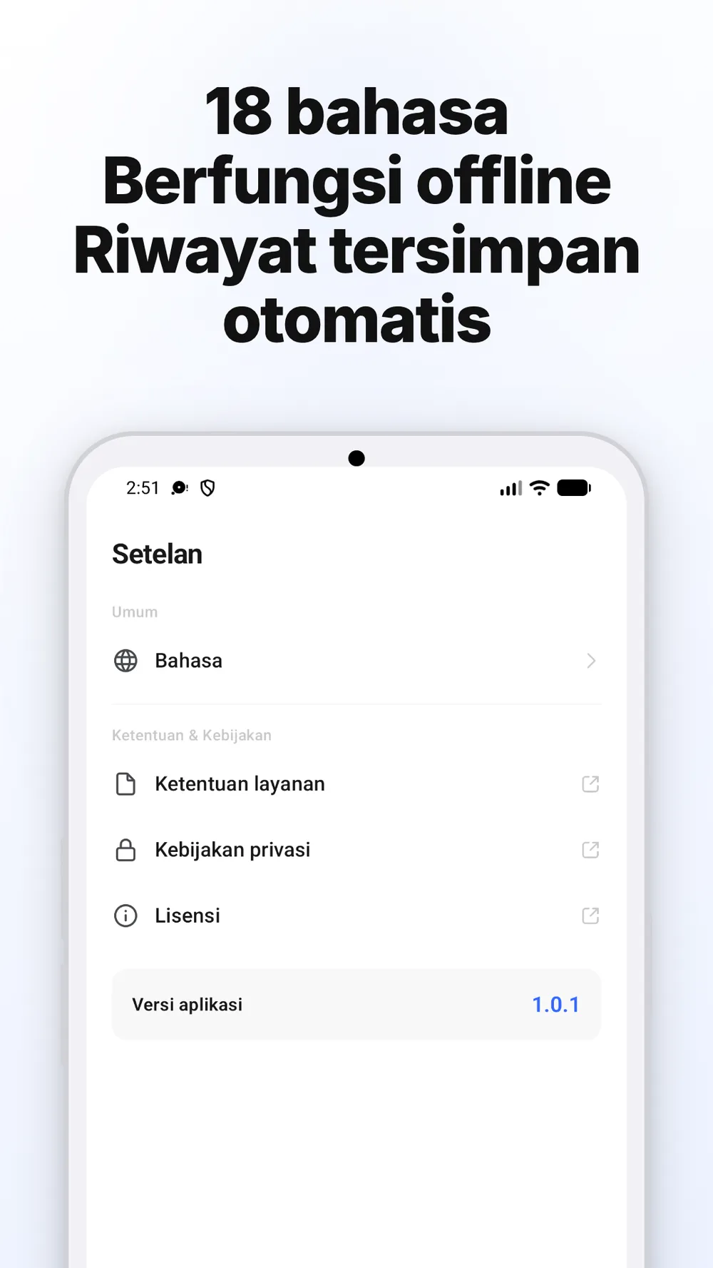 Setelan aplikasi dengan pilihan bahasa serta tautan ke ketentuan dan kebijakan privasi.