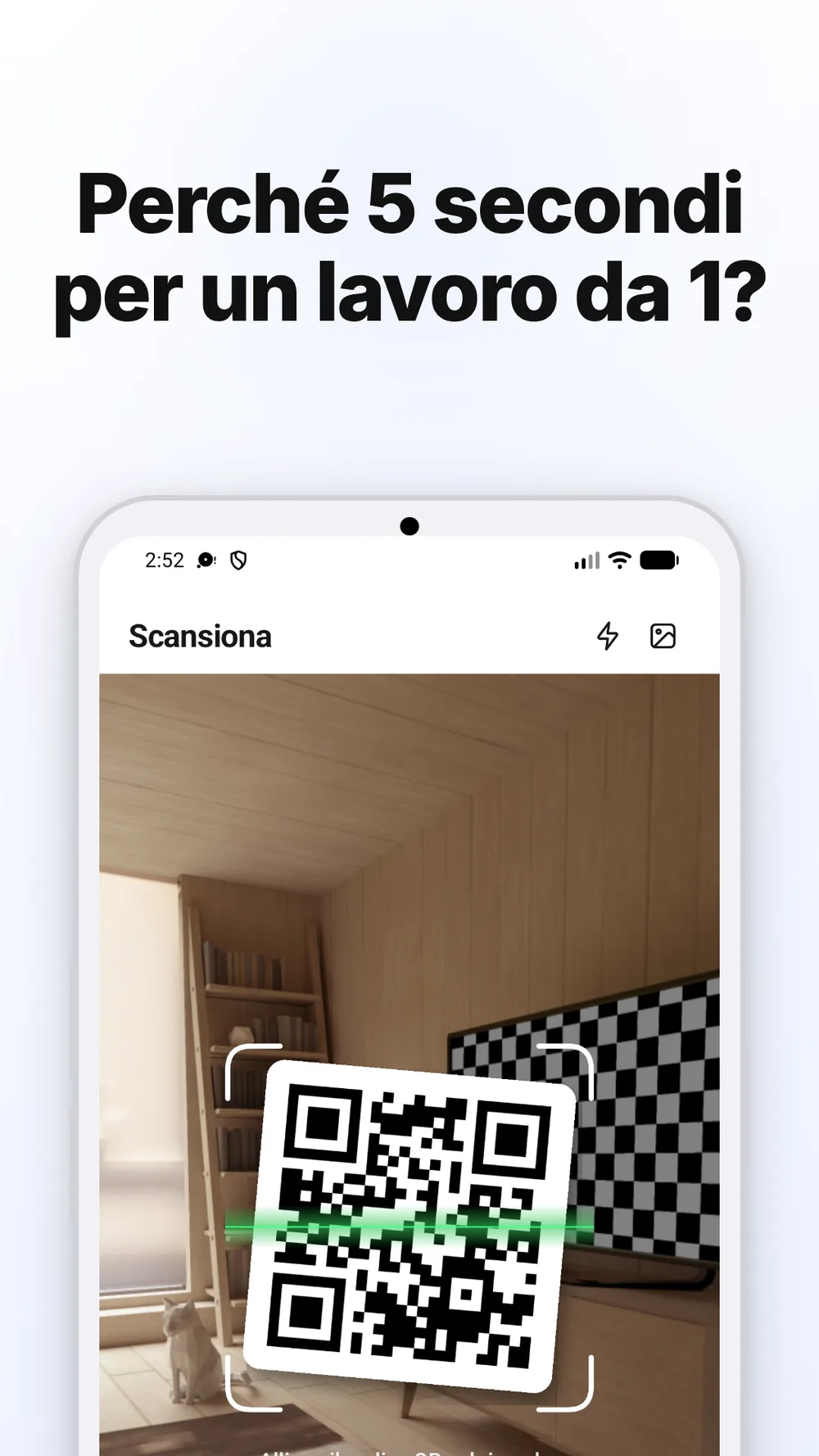 Schermata di scansione QR con mirino della fotocamera, torcia e accesso alle foto.