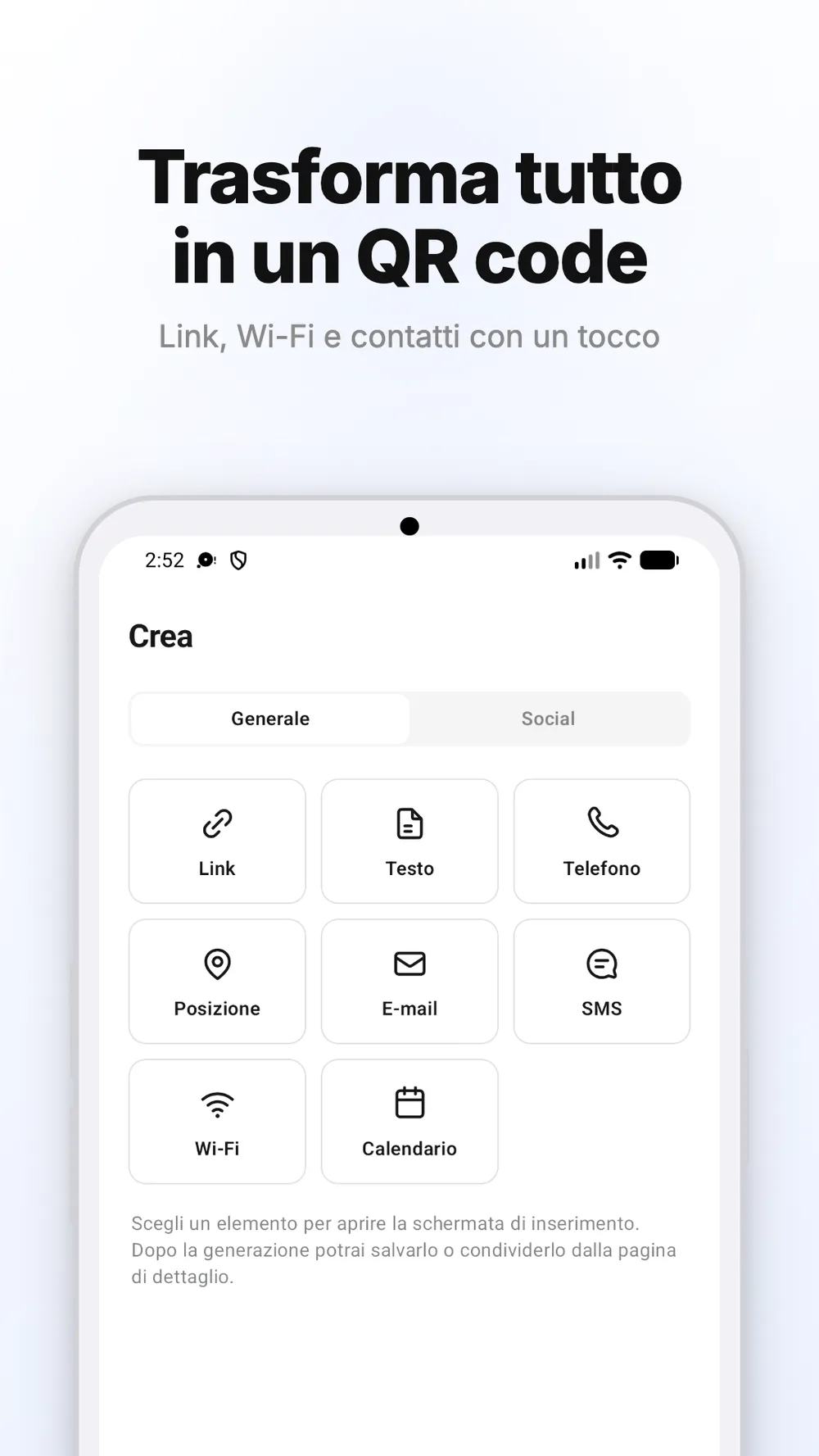 Schermata di creazione di codici QR per link, testo, Wi-Fi e altri dati.