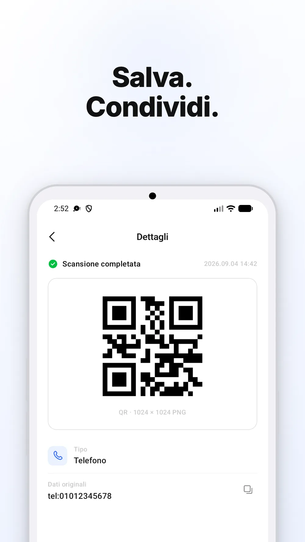 Codice QR con opzioni per salvare e condividere l'immagine.