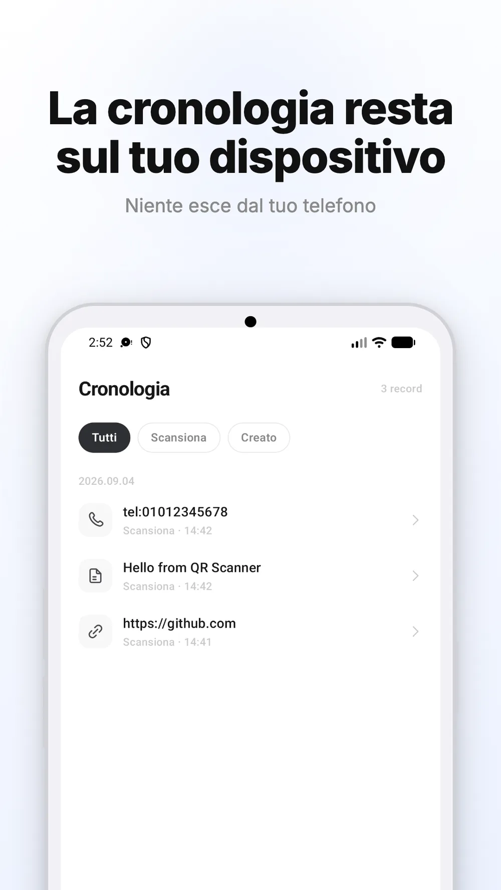 Cronologia dei codici QR scansionati e creati, con filtri e voci ordinate per data.