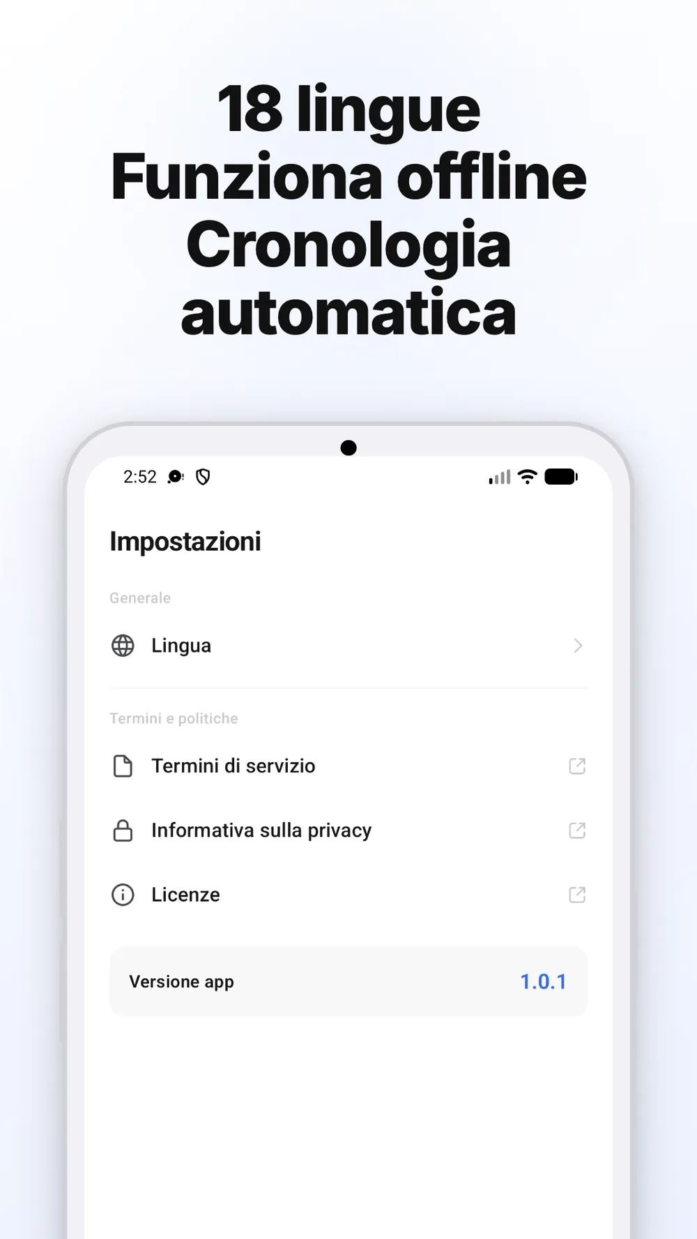 Schermata delle impostazioni con scelta della lingua, link alle informative e versione dell'app.