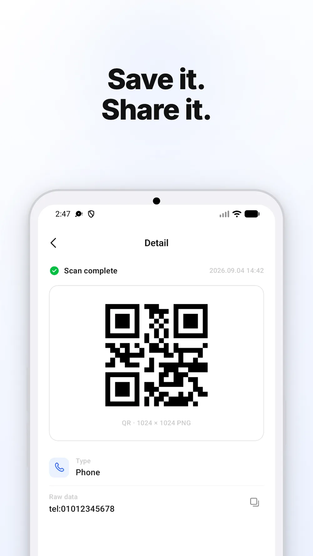 Skrin butiran dengan kod QR serta pilihan untuk menyimpan dan berkongsi imej.