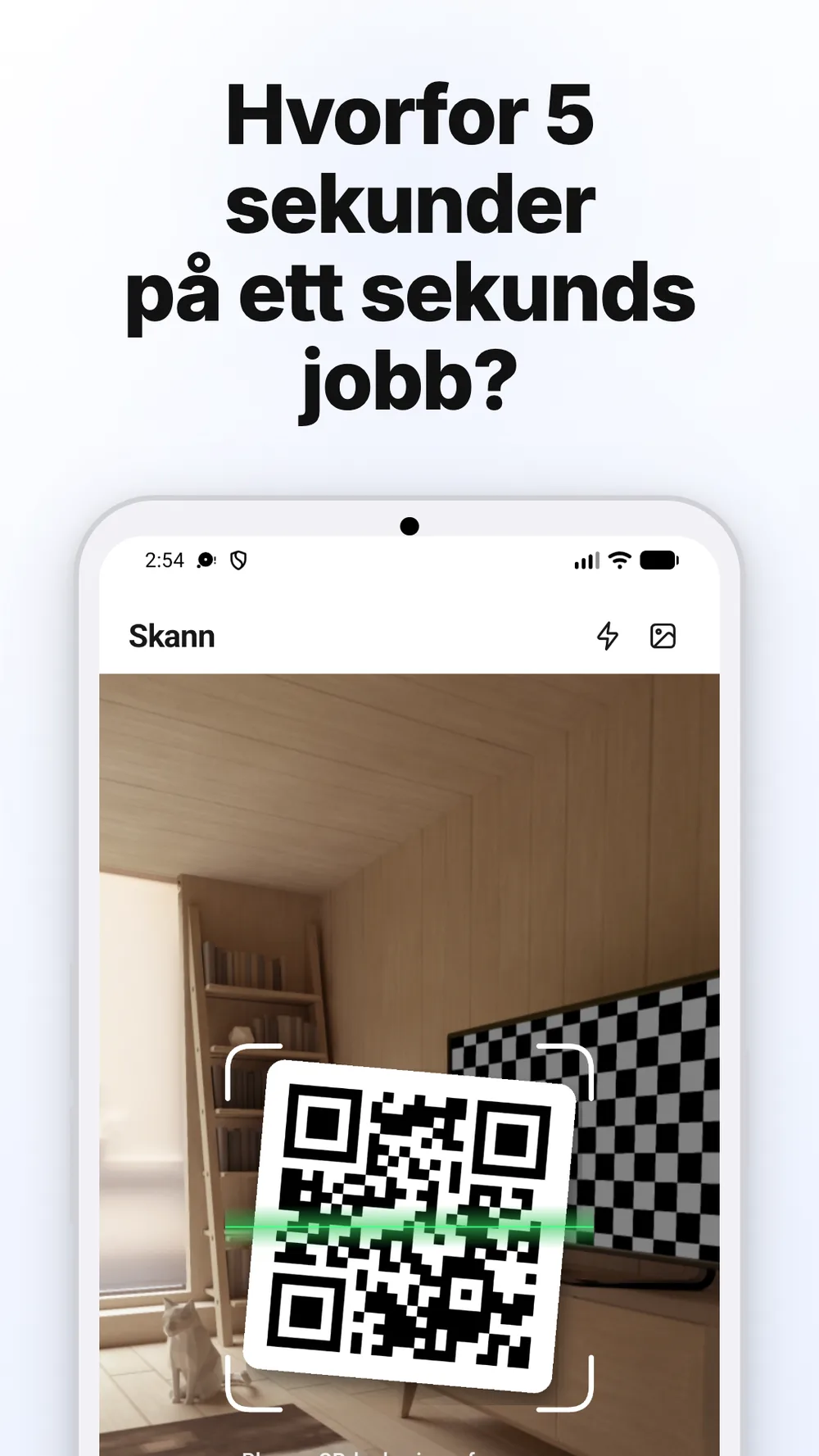 Skanningsvisning med kameraramme, lommelykt og bildevalg for QR-skanning.