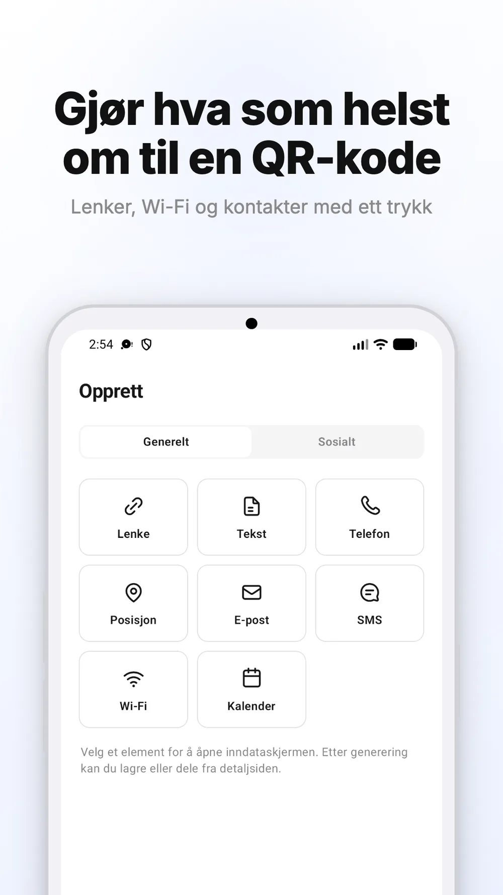 Visning for å opprette QR-koder for lenker, Wi-Fi og andre typer innhold.