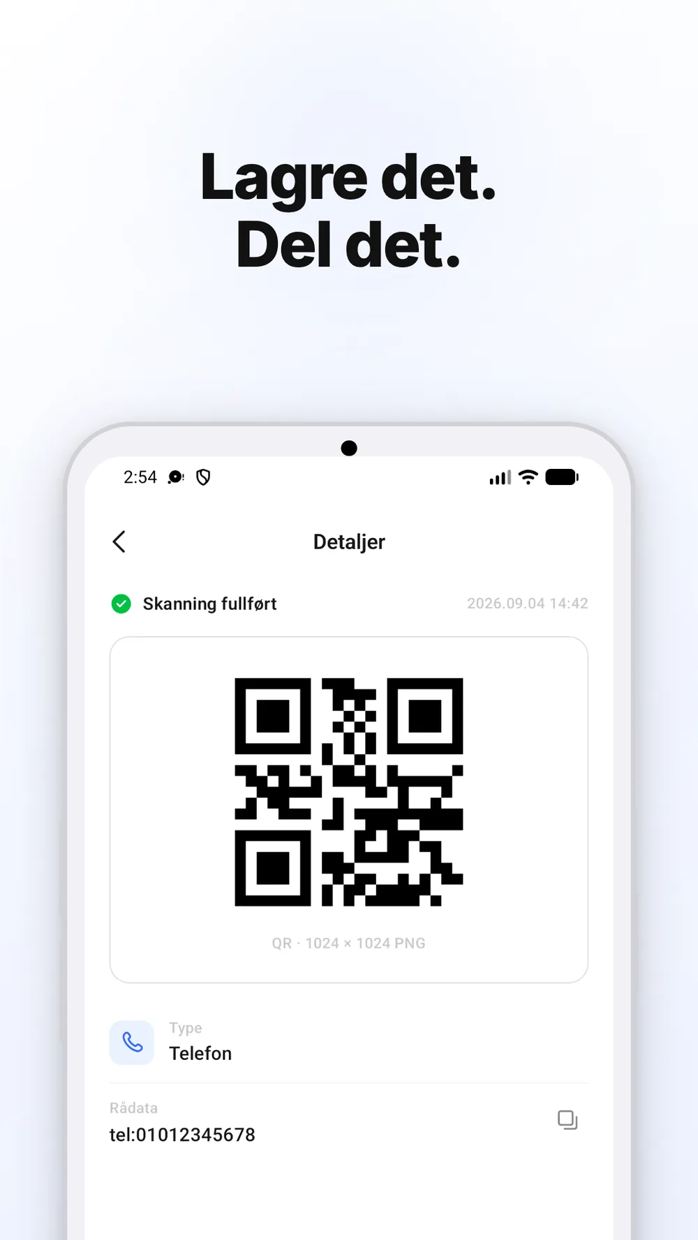 Detaljvisning med QR-kode og valg for å lagre og dele bildet.