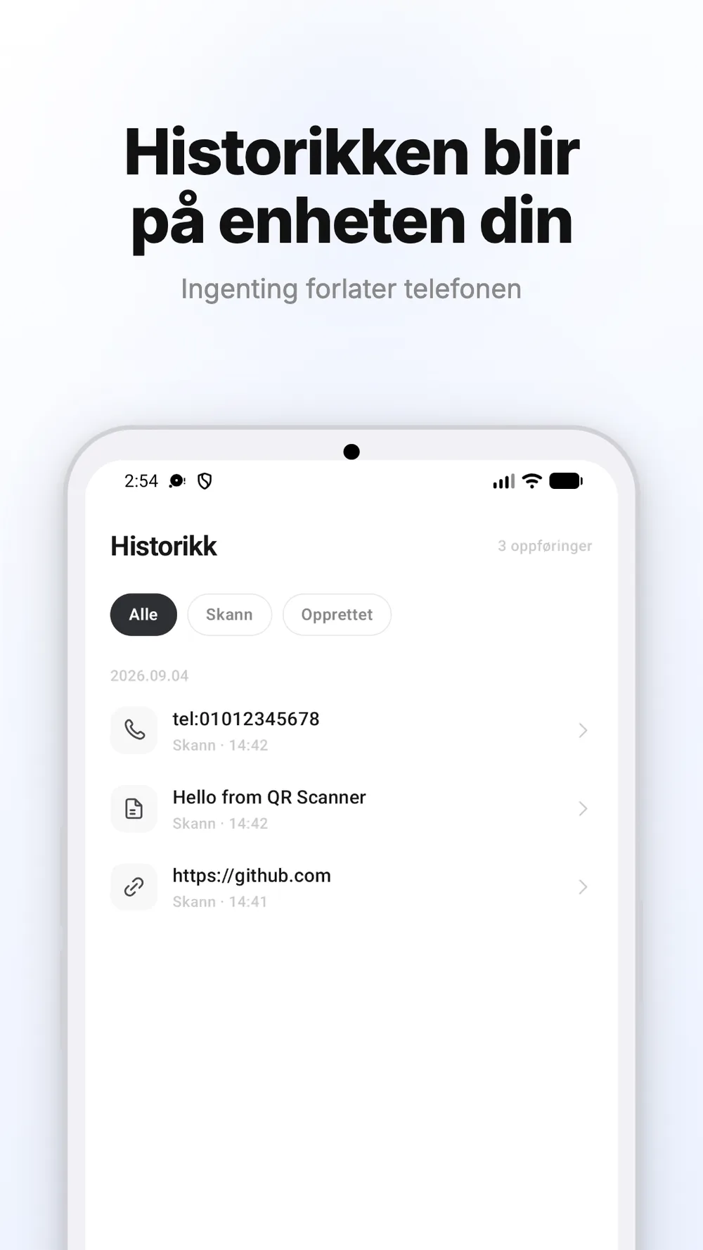Historikk med skannede og opprettede QR-koder som er lagret på enheten.