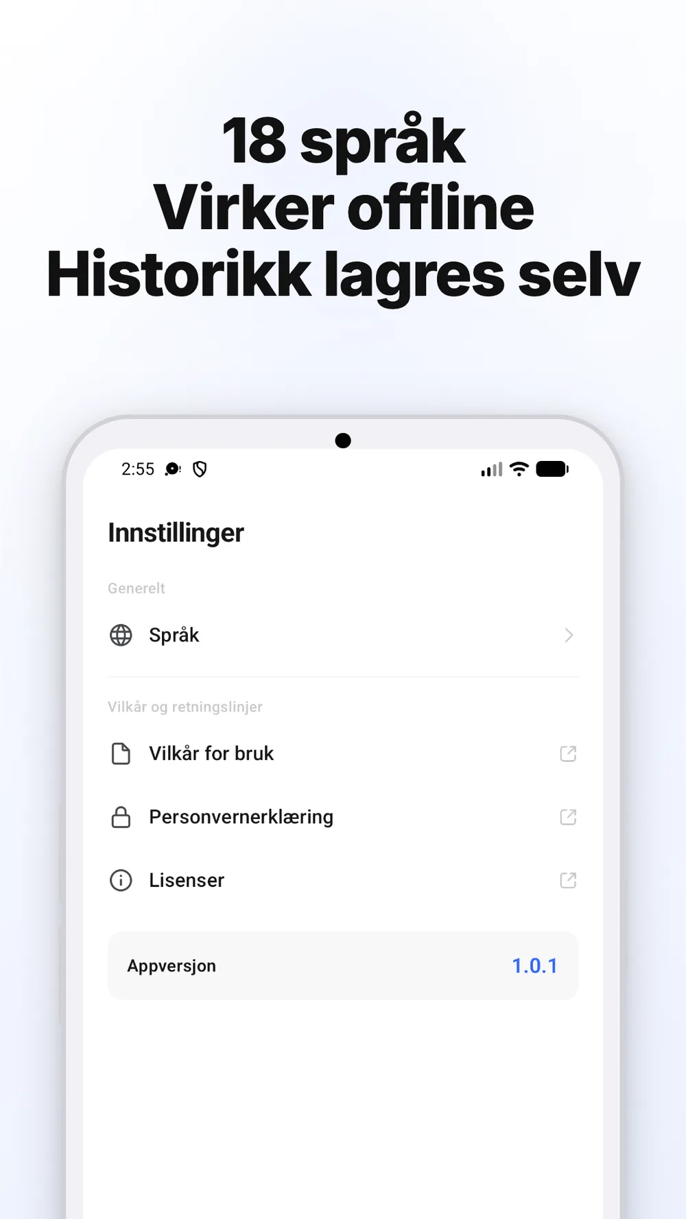Appens innstillinger med språkvalg og lenker til vilkår og personvernerklæring.
