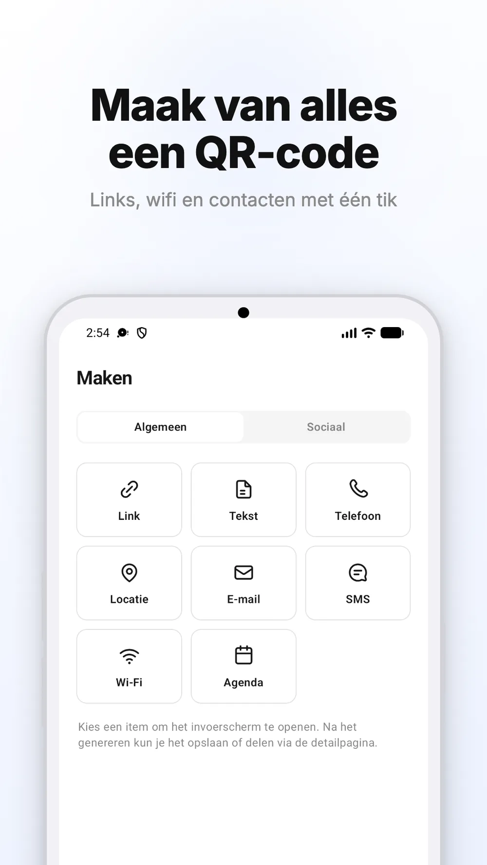 Scherm om QR-codes te maken voor links, tekst, Wi-Fi en andere gegevens.