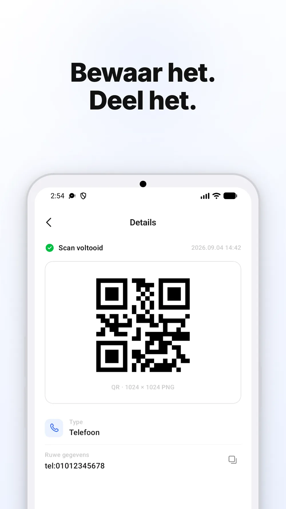 QR-code met opties om de afbeelding op te slaan en te delen.