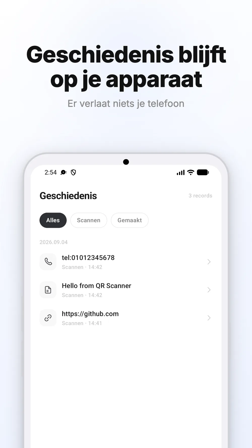 Geschiedenis van gescande en gemaakte QR-codes met filters en items per datum.