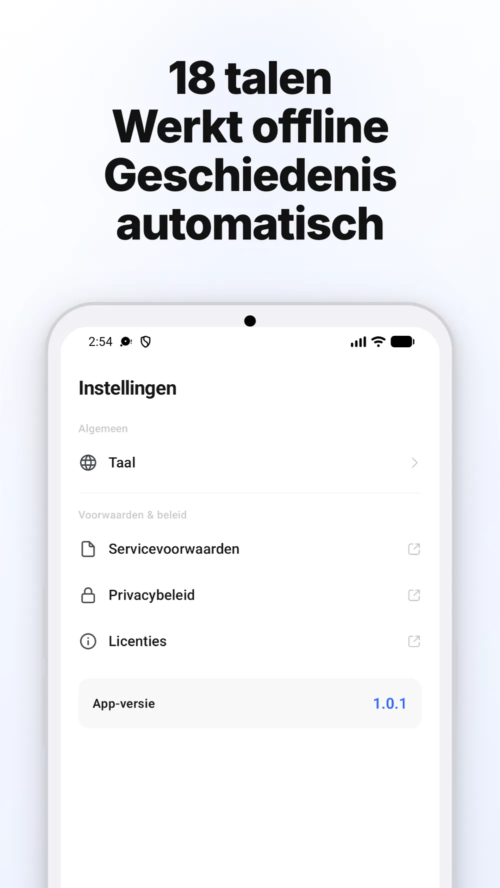 Instellingenscherm met taalkeuze, links naar beleidsdocumenten en appversie.
