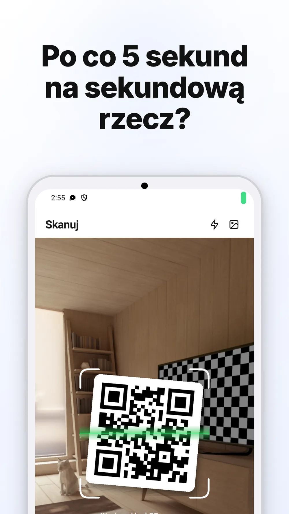 Ekran skanowania kodów QR z wizjerem aparatu, latarką i wyborem zdjęć.