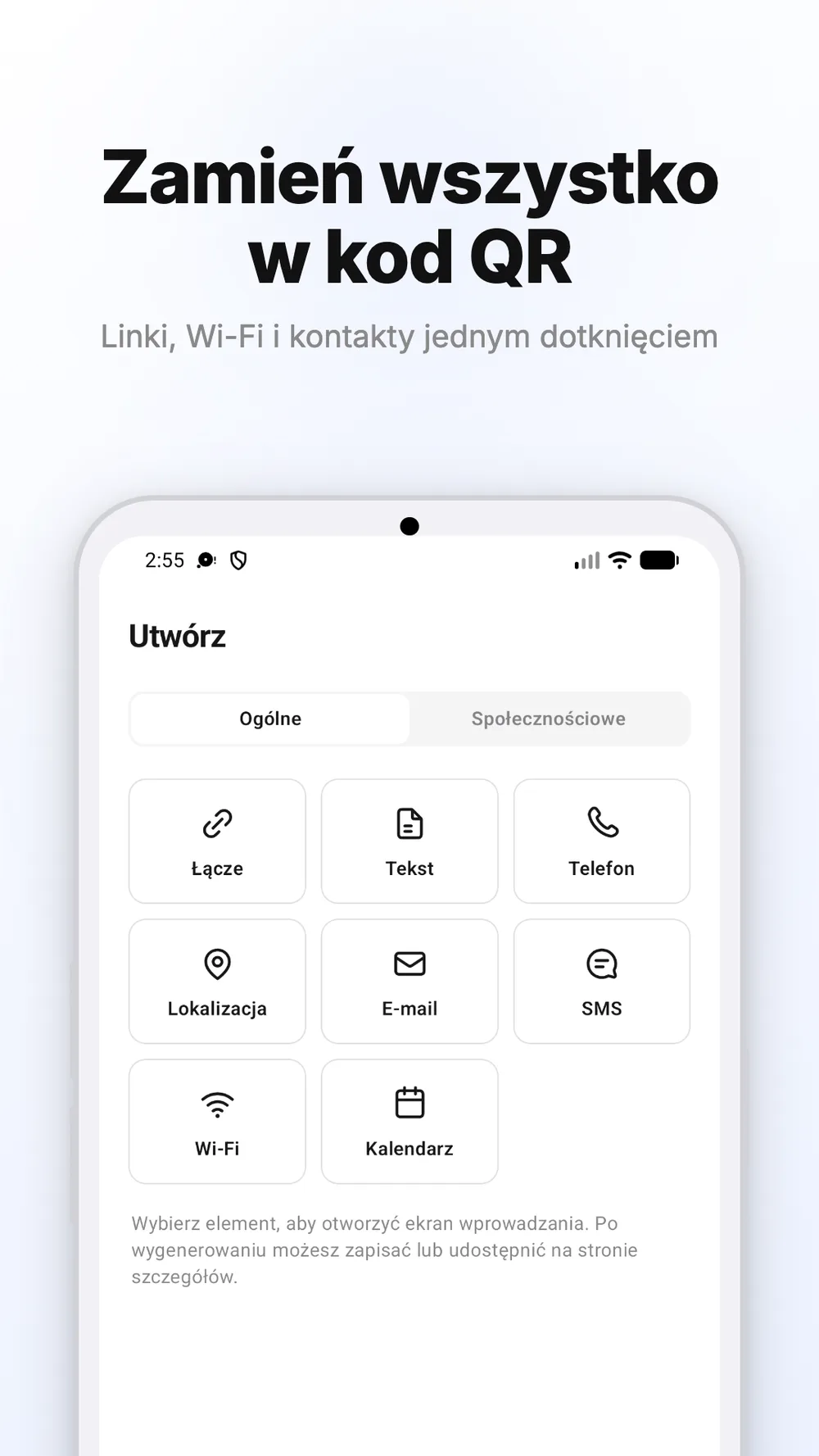 Ekran tworzenia kodów QR dla linków, tekstu, Wi-Fi i innych danych.