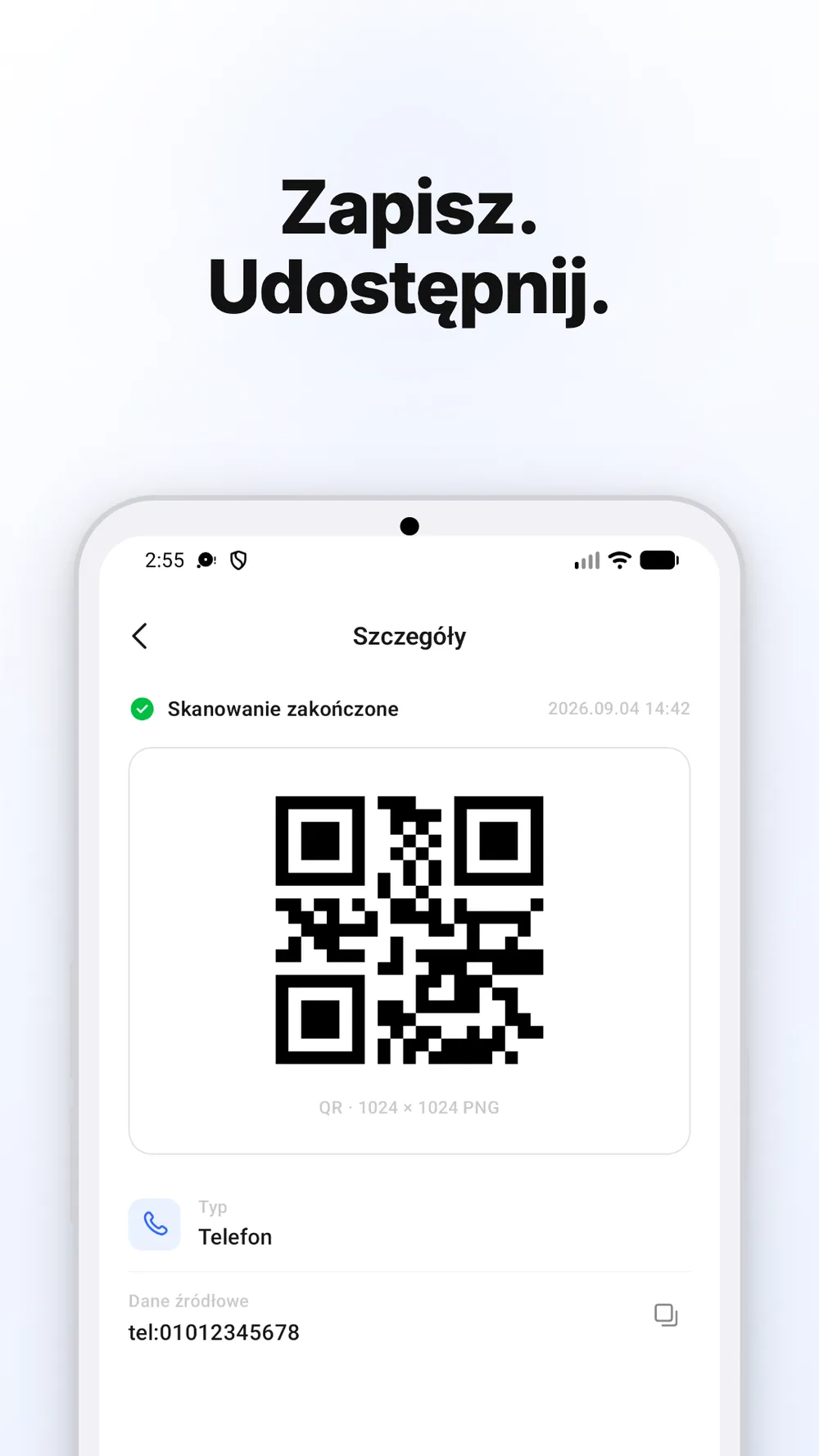 Kod QR z opcjami zapisu obrazu i udostępniania.