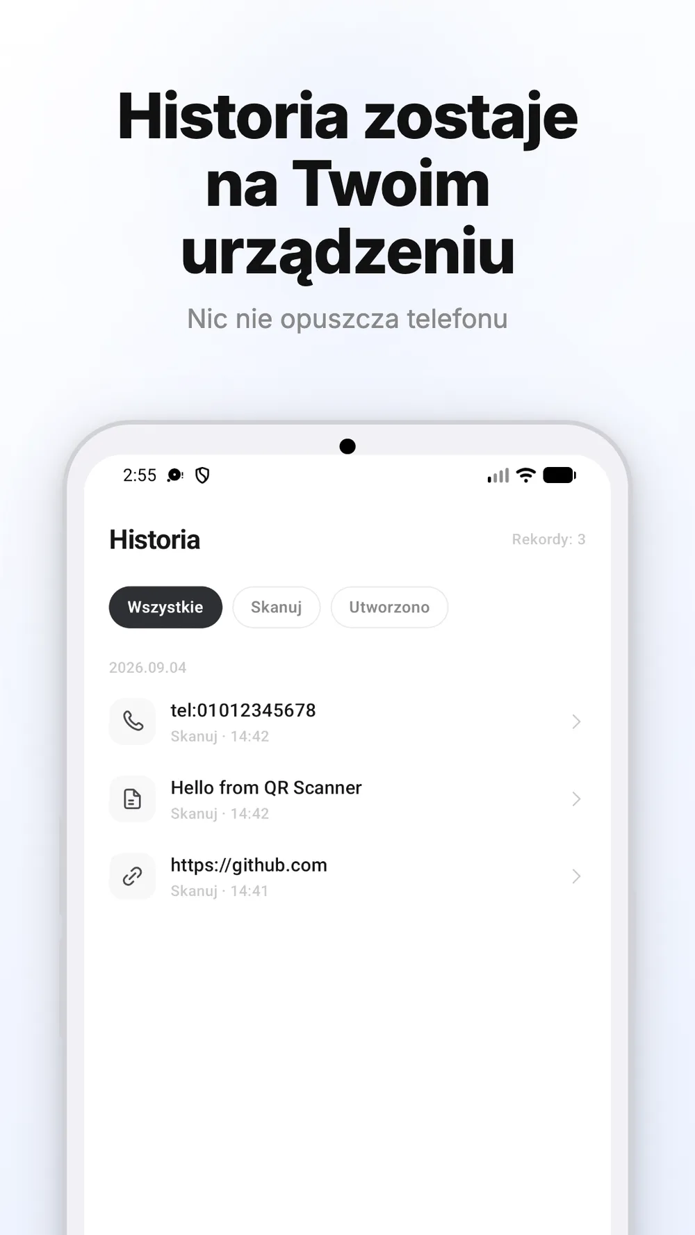 Historia zeskanowanych i utworzonych kodów QR z filtrami i wpisami według dat.