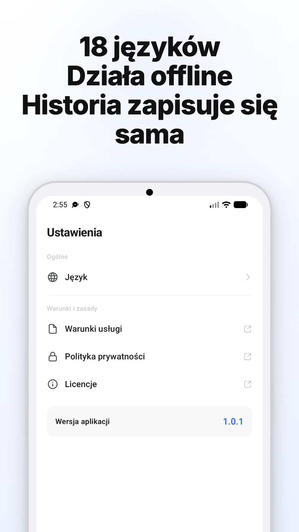 Ekran ustawień z wyborem języka, linkami do zasad i wersją aplikacji.