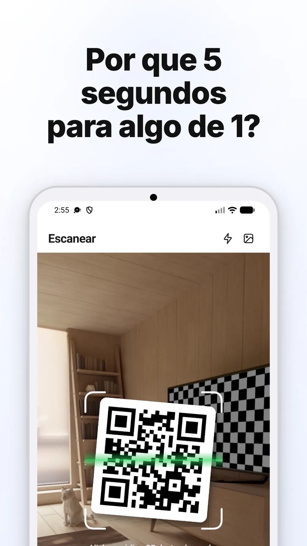 Tela de leitura de códigos QR com visor da câmera, lanterna e acesso às fotos.