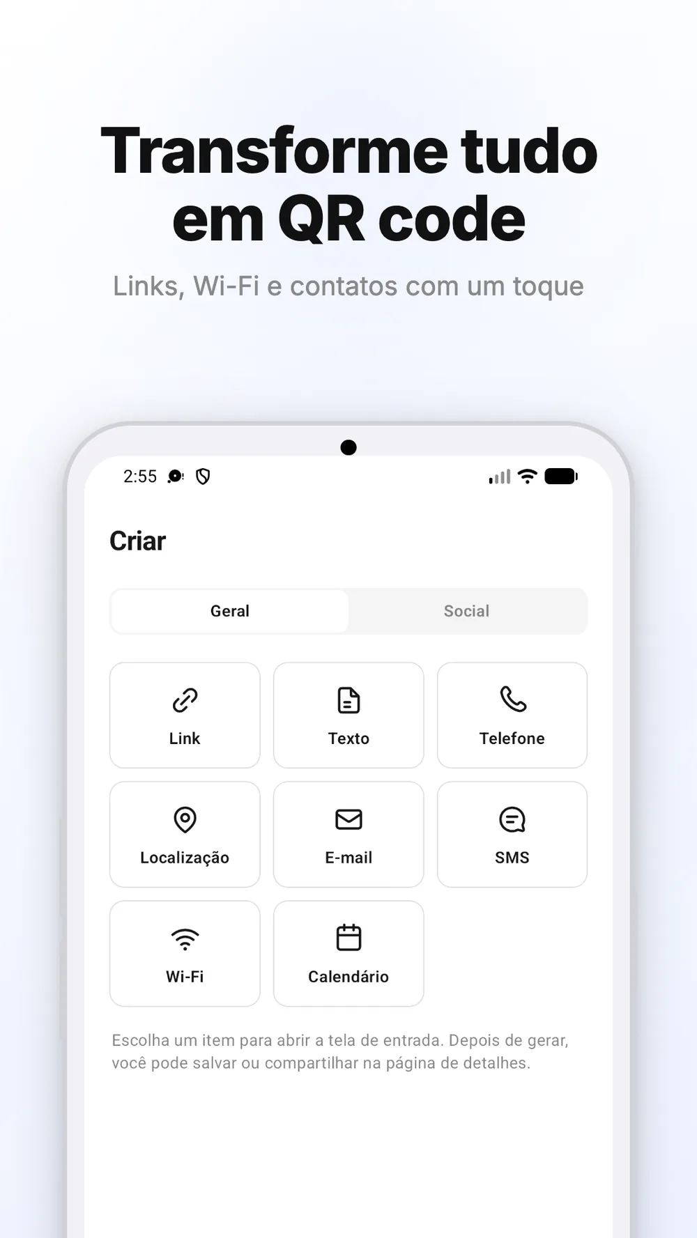 Tela de criação de códigos QR para links, texto, Wi-Fi e outros dados.