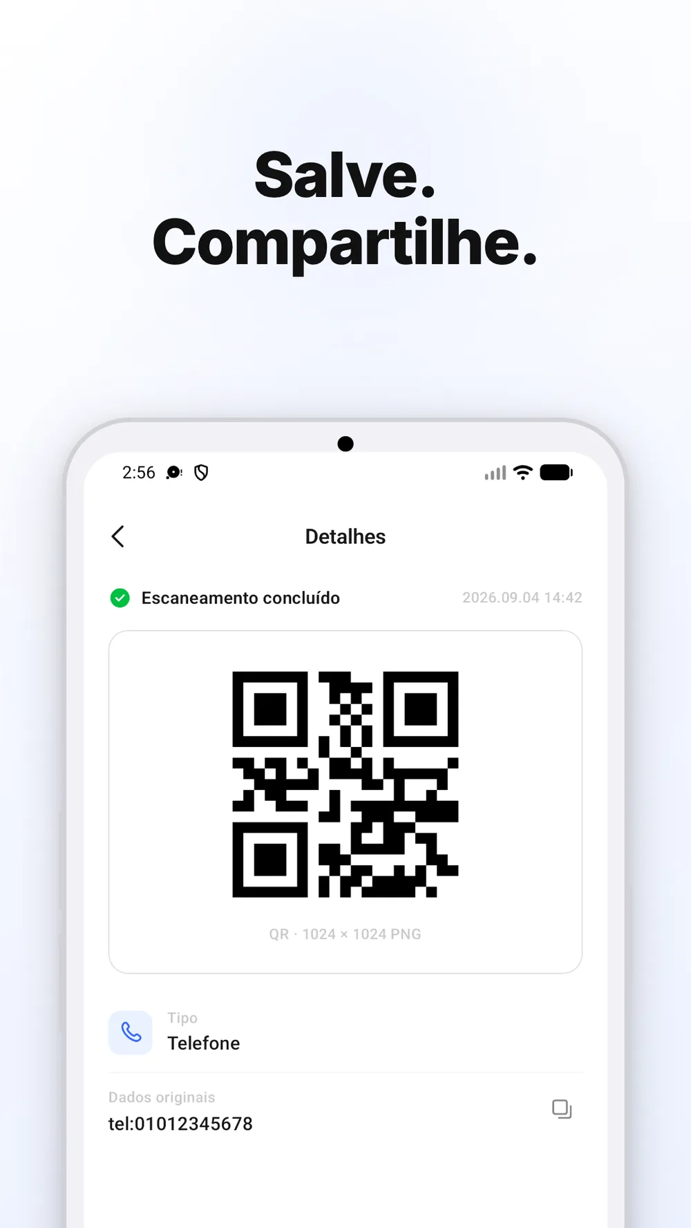 Código QR com opções para salvar a imagem e compartilhar.