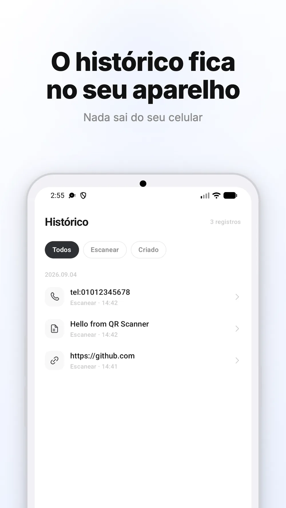 Histórico de códigos QR lidos e criados, com filtros e registros por data.