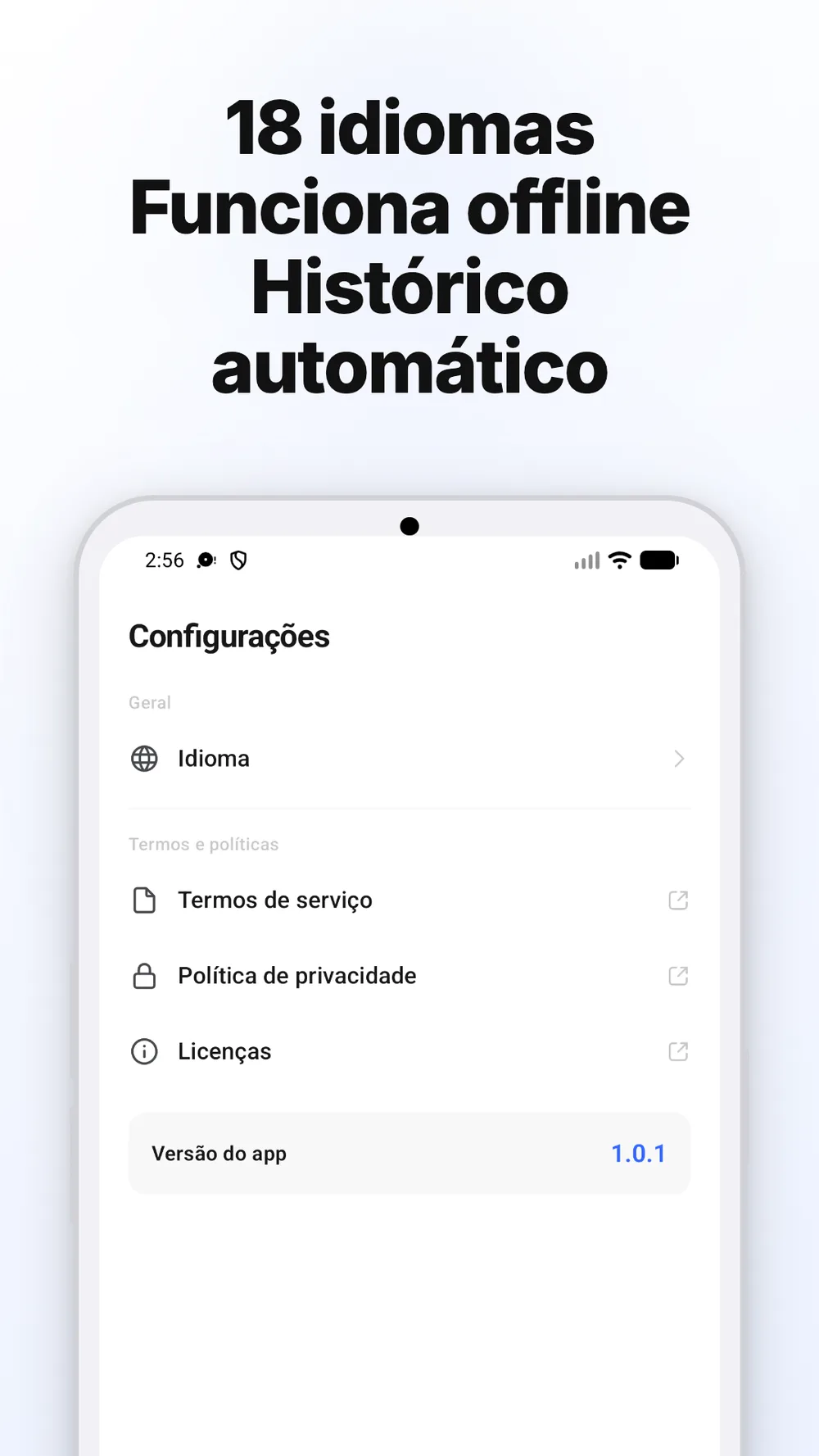 Tela de configurações com escolha de idioma, links para políticas e versão do app.