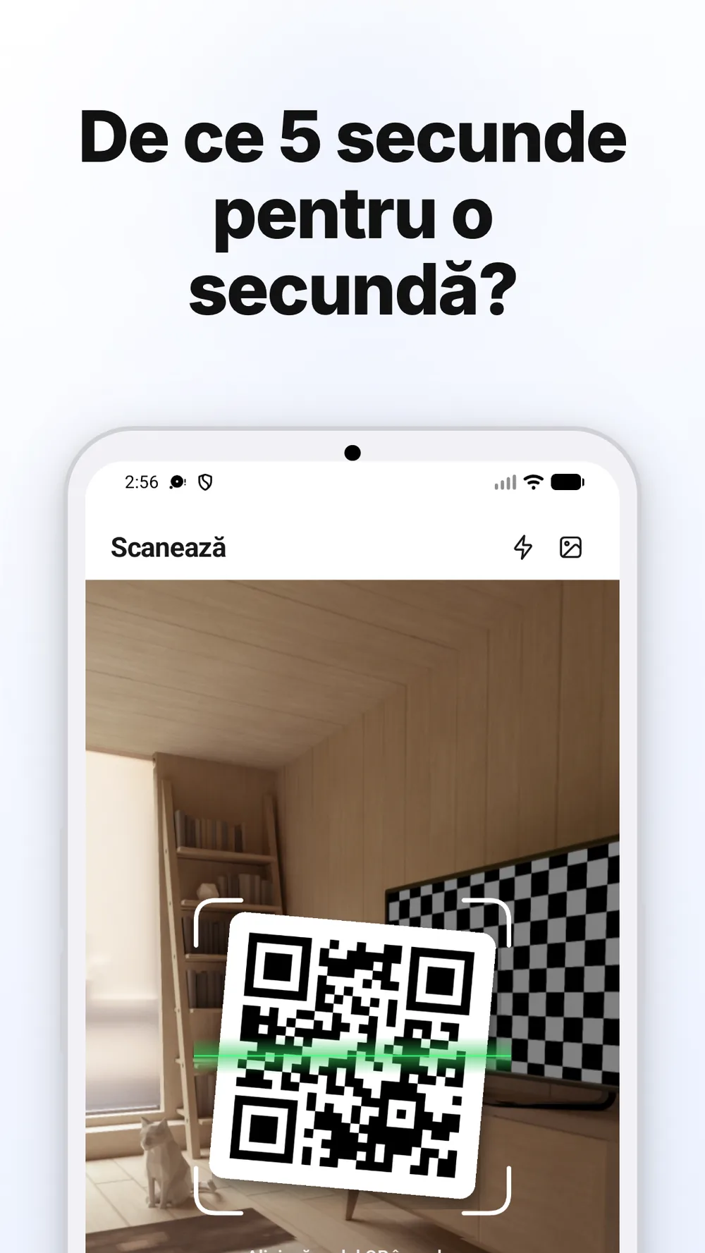 Ecran de scanare cu cadru de cameră, lanternă și opțiune de alegere a unei fotografii pentru citirea unui cod QR.