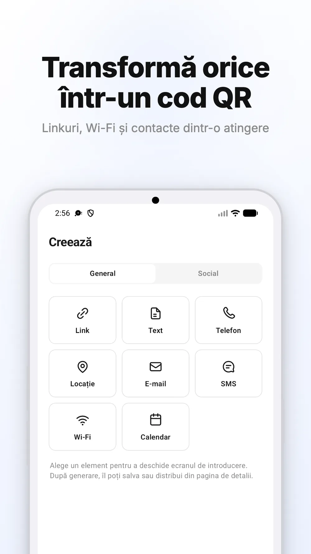Ecran pentru crearea codurilor QR pentru linkuri, Wi-Fi și alte tipuri de conținut.
