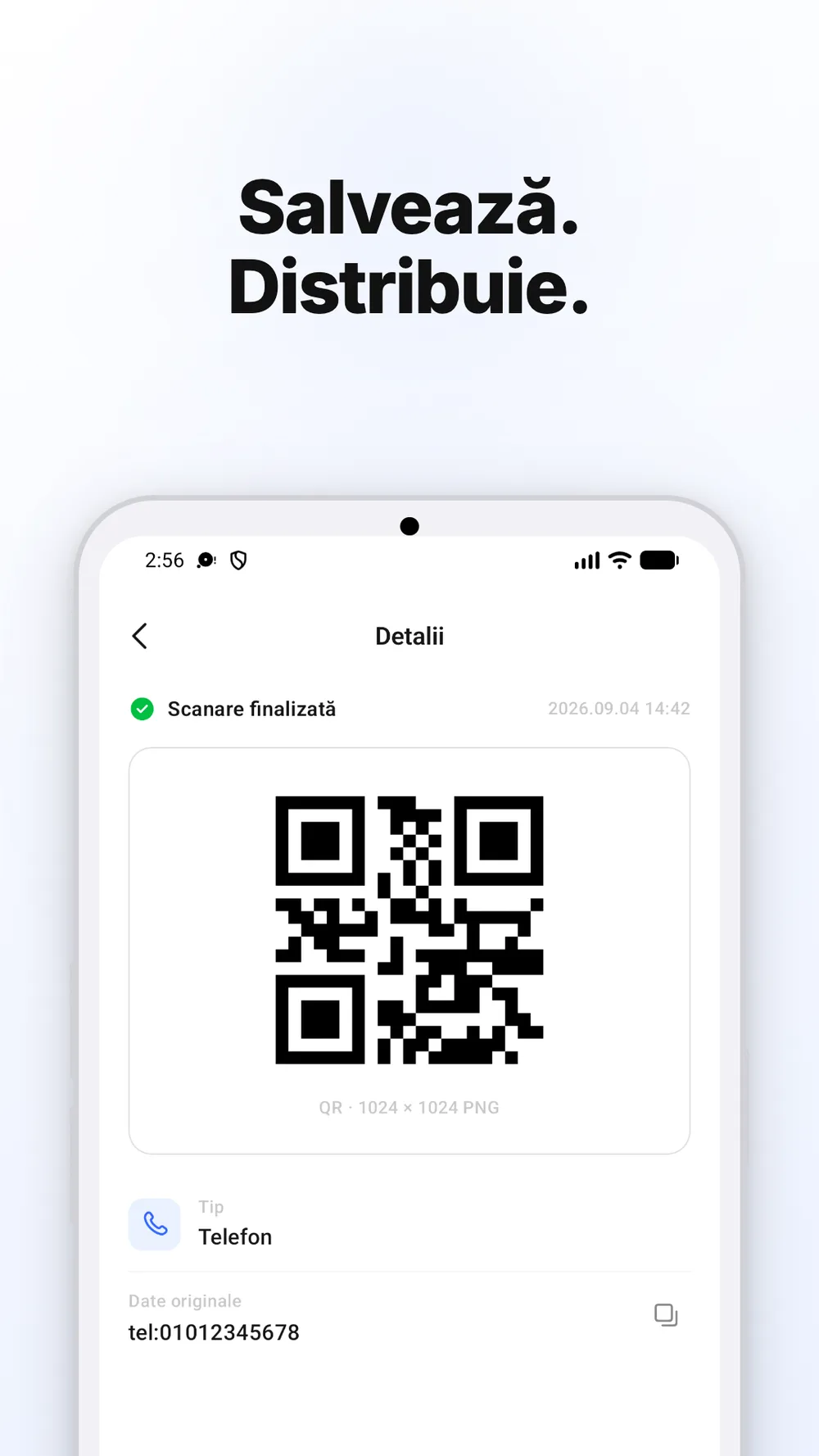 Ecran cu detaliile unui cod QR și opțiuni de salvare și distribuire a imaginii.
