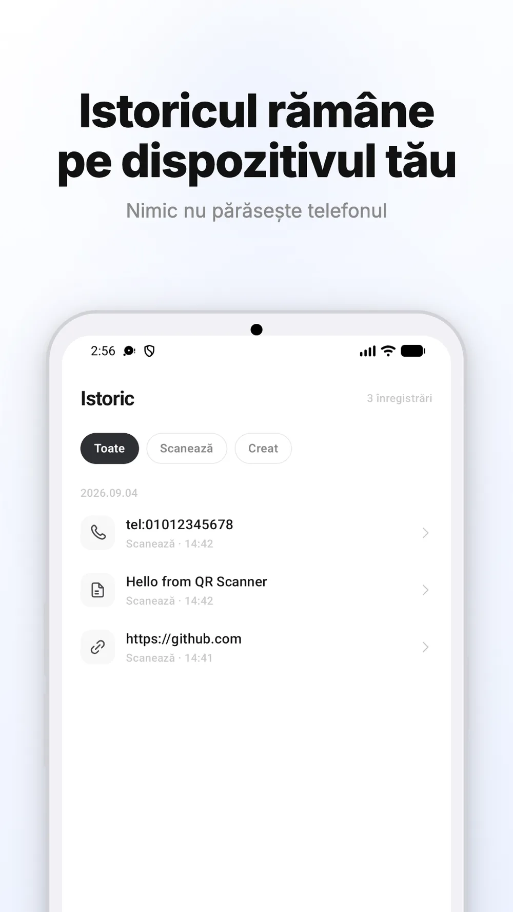 Istoric al codurilor QR scanate și create, păstrate pe dispozitiv.