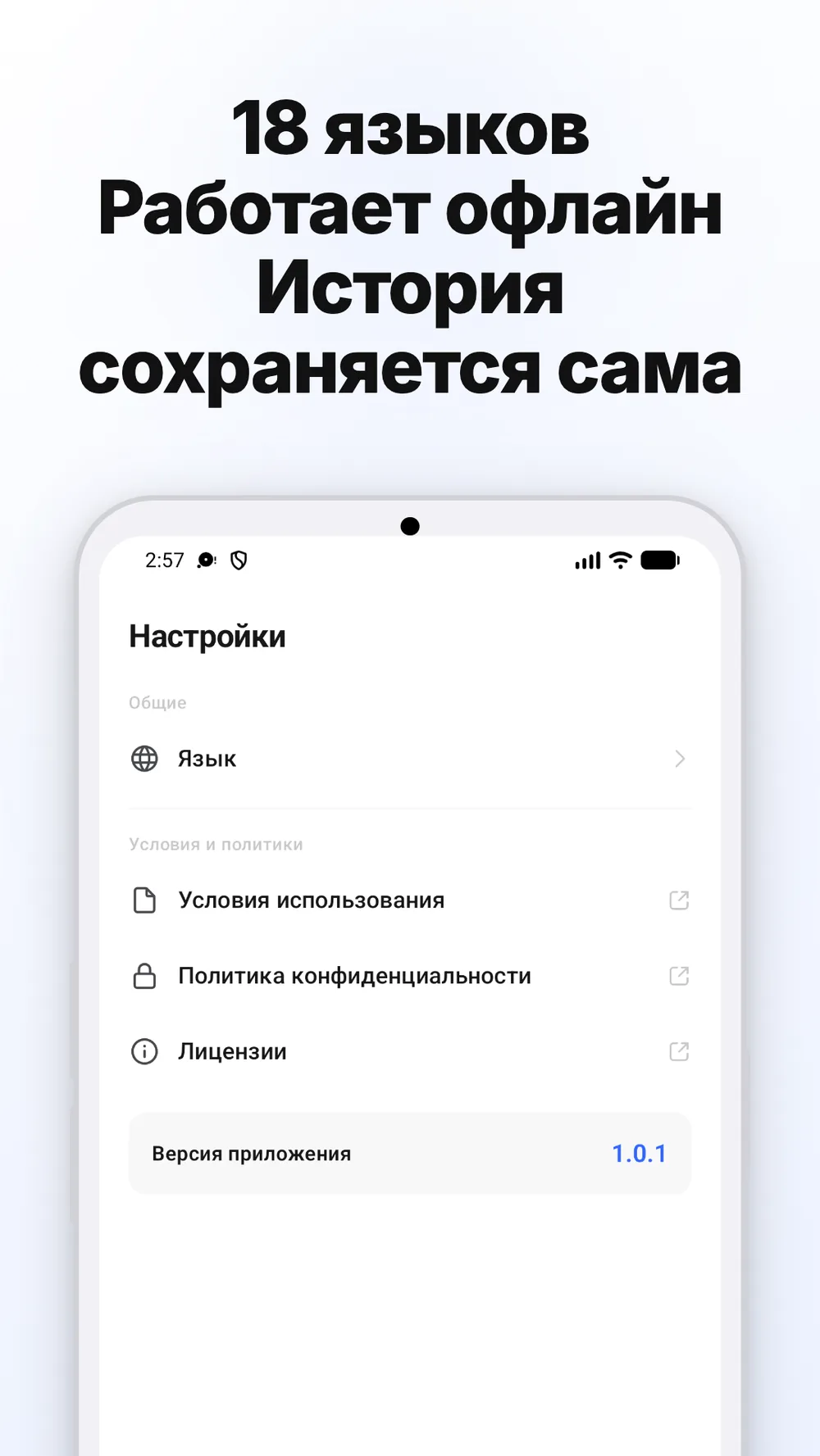 Экран настроек с выбором языка, ссылками на правила и версией приложения.
