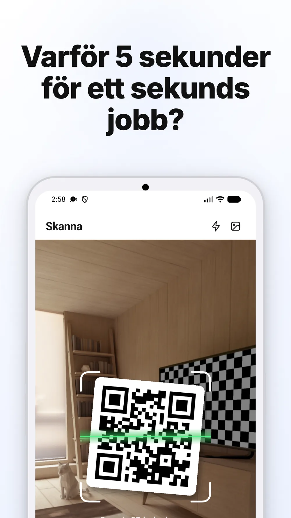Skanningsvy med kameraram, ficklampa och val av bild för QR-skanning.