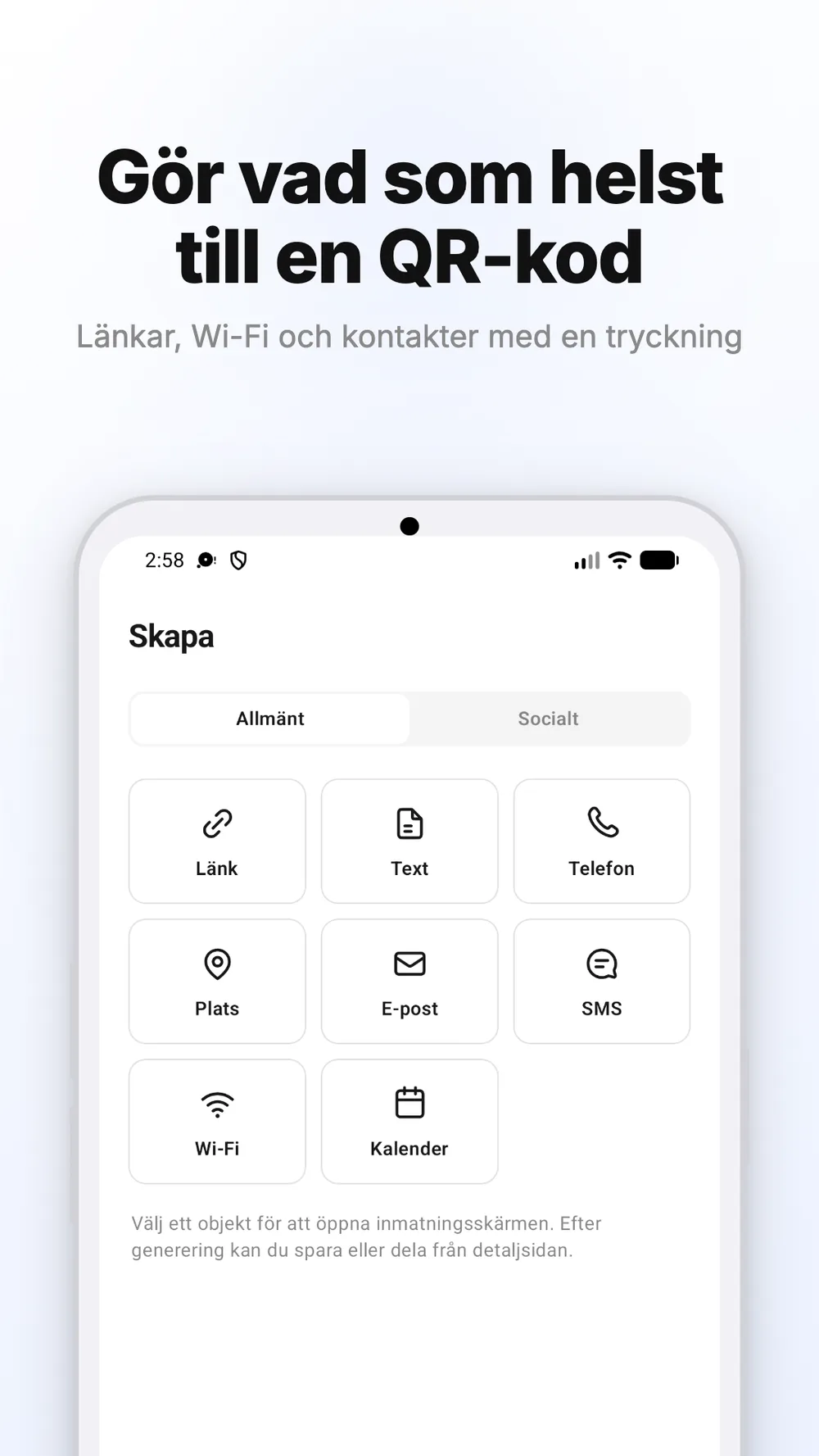 Vy för att skapa QR-koder för länkar, Wi-Fi och andra typer av innehåll.