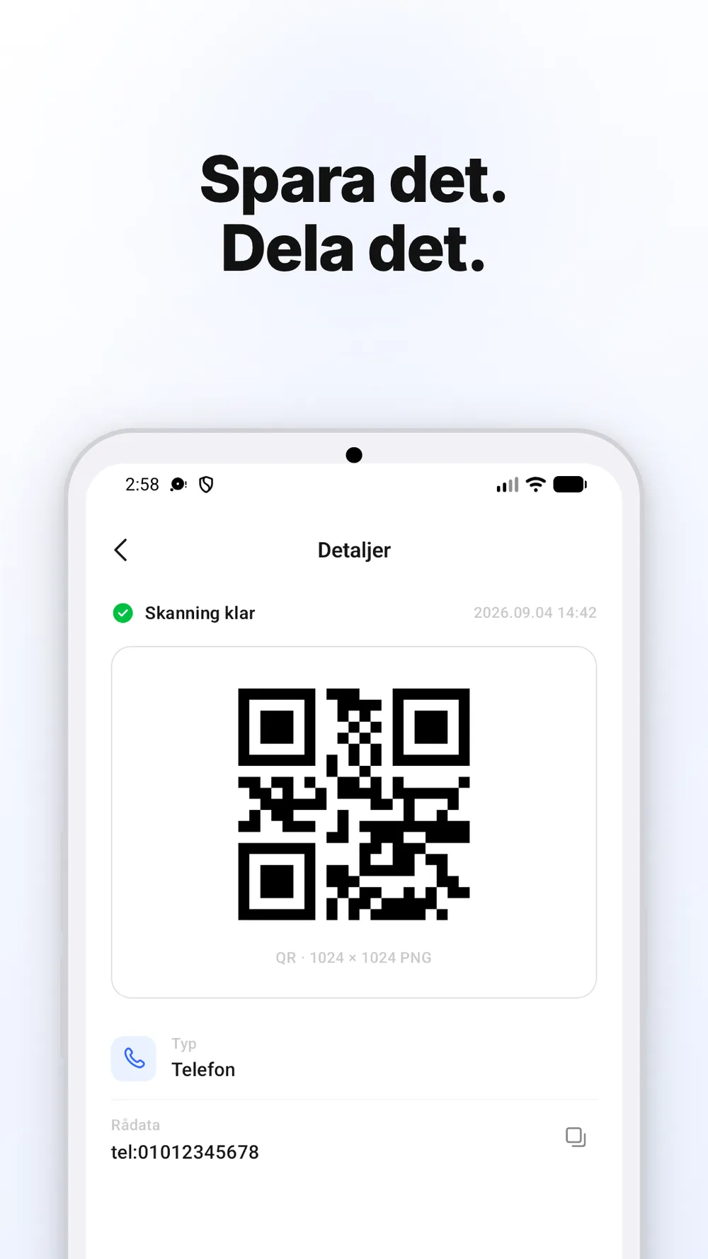 Detaljvy med QR-kod och alternativ för att spara och dela bilden.
