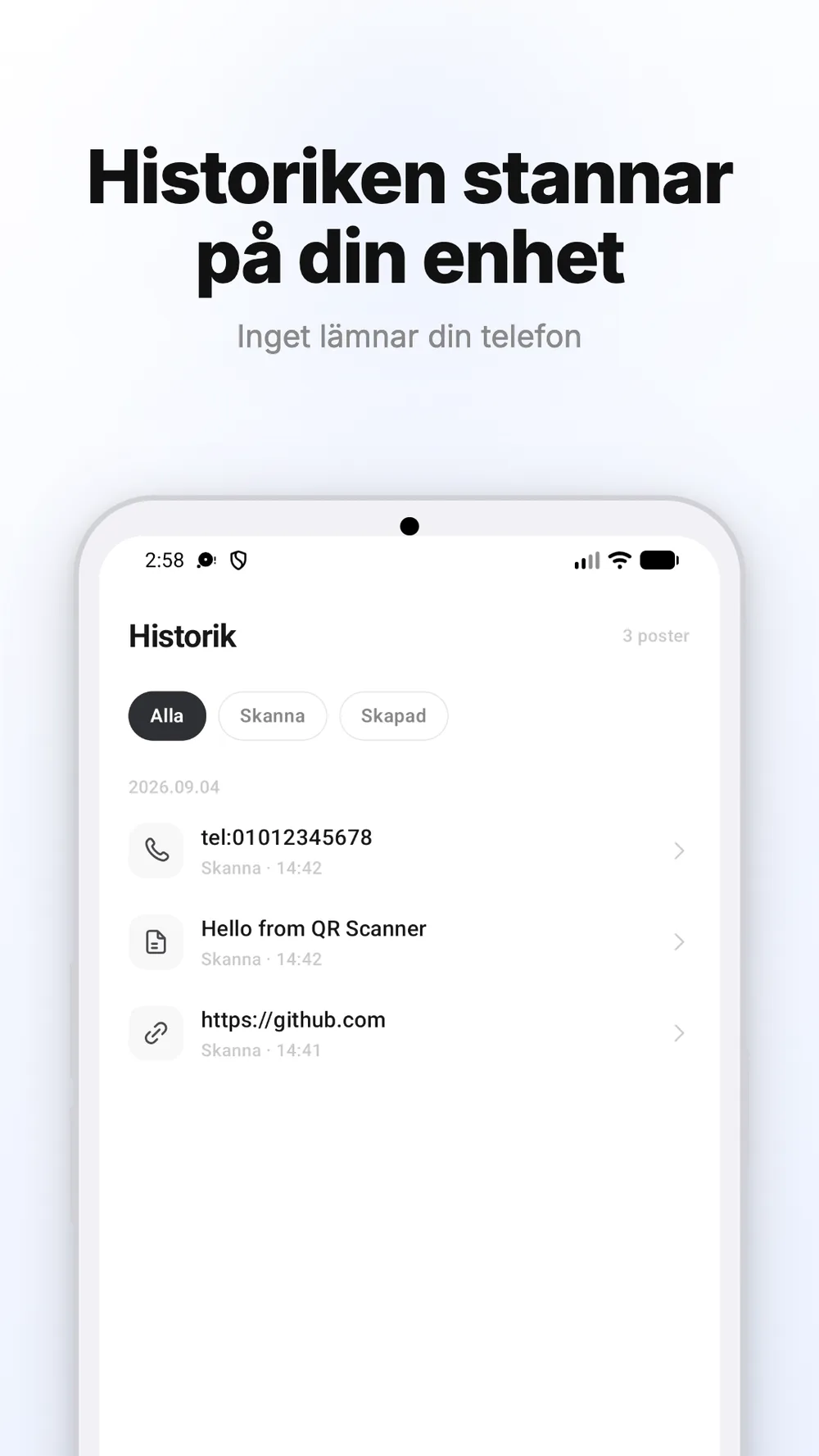 Historik med skannade och skapade QR-koder som sparats på enheten.