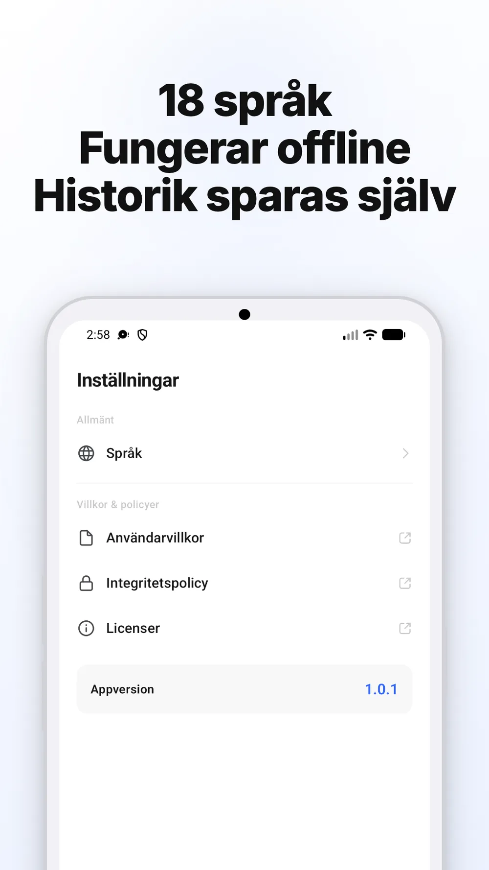 Appens inställningar med språkval och länkar till villkor och integritetspolicy.