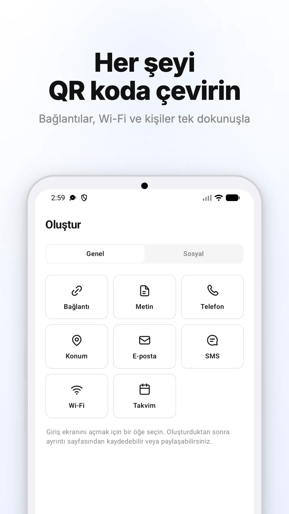 Bağlantı, metin, Wi-Fi ve diğer bilgiler için QR kod oluşturma ekranı.