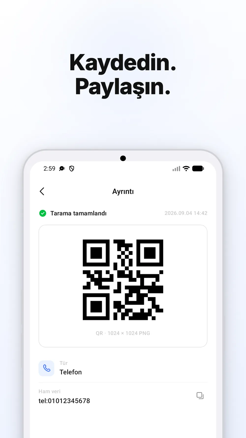 Görseli kaydetme ve paylaşma seçenekleriyle gösterilen QR kod.
