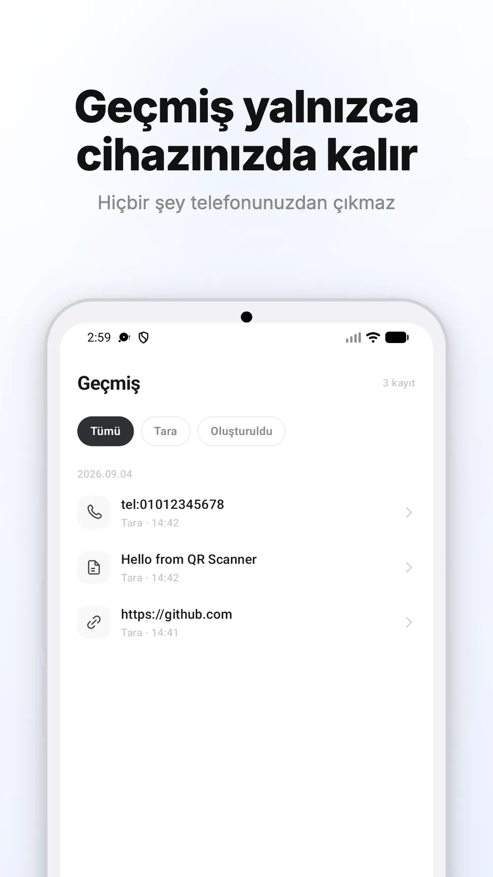 Filtreler ve tarihe göre kayıtlarla taranan ve oluşturulan QR kodların geçmişi.
