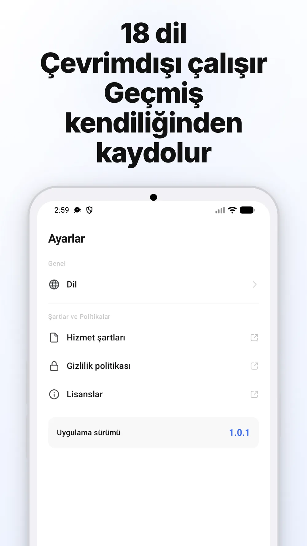 Dil seçimi, politika bağlantıları ve uygulama sürümünün bulunduğu ayarlar ekranı.