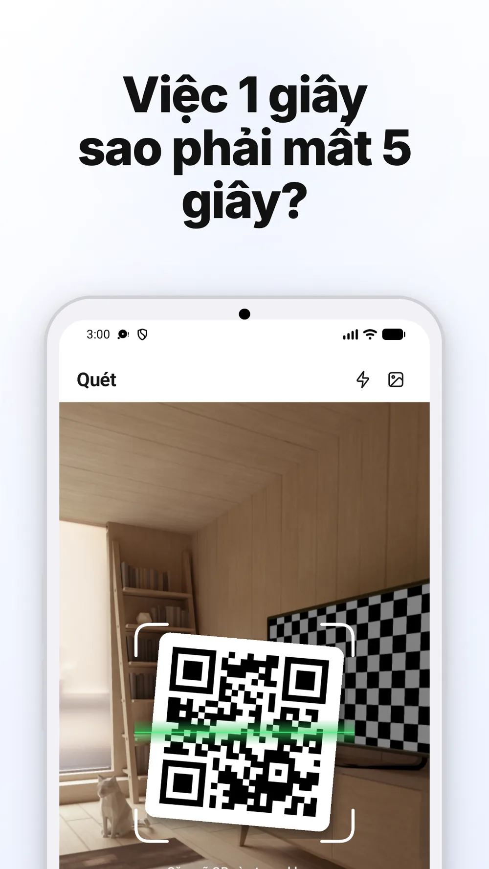 Màn hình quét có khung camera, đèn pin và tùy chọn ảnh để quét mã QR.