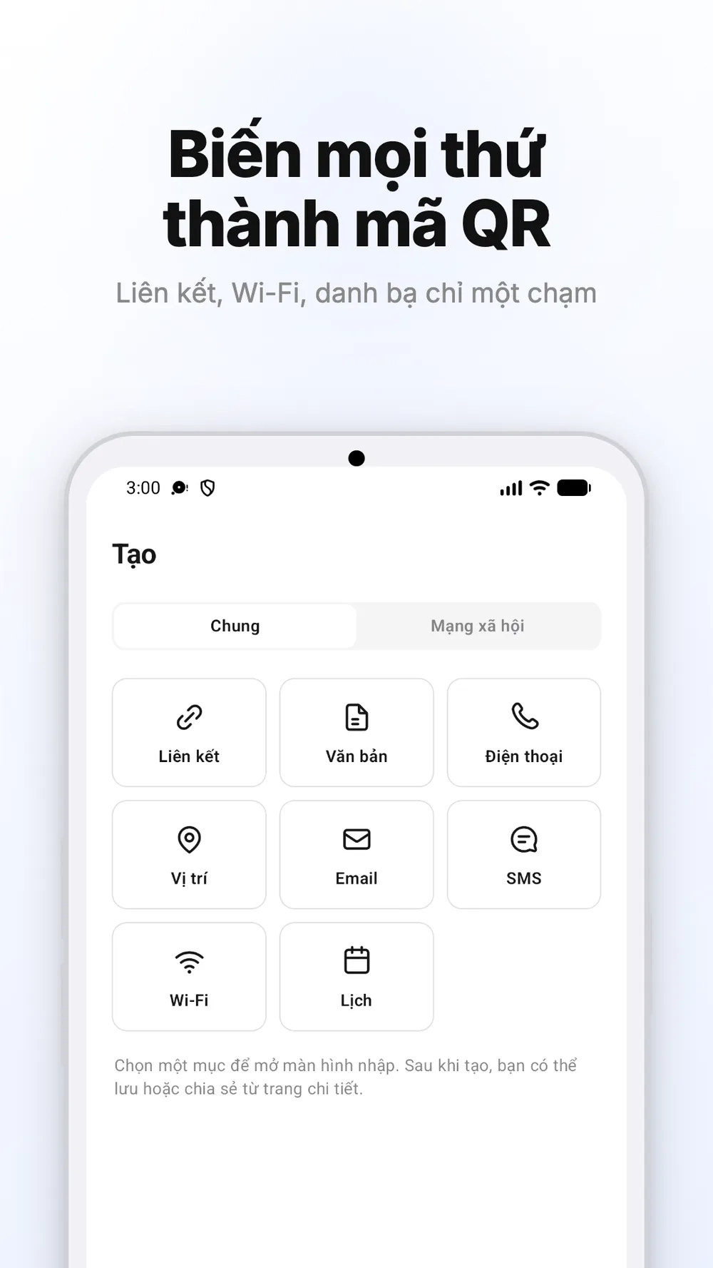Màn hình tạo mã QR cho liên kết, Wi-Fi và các loại thông tin khác.