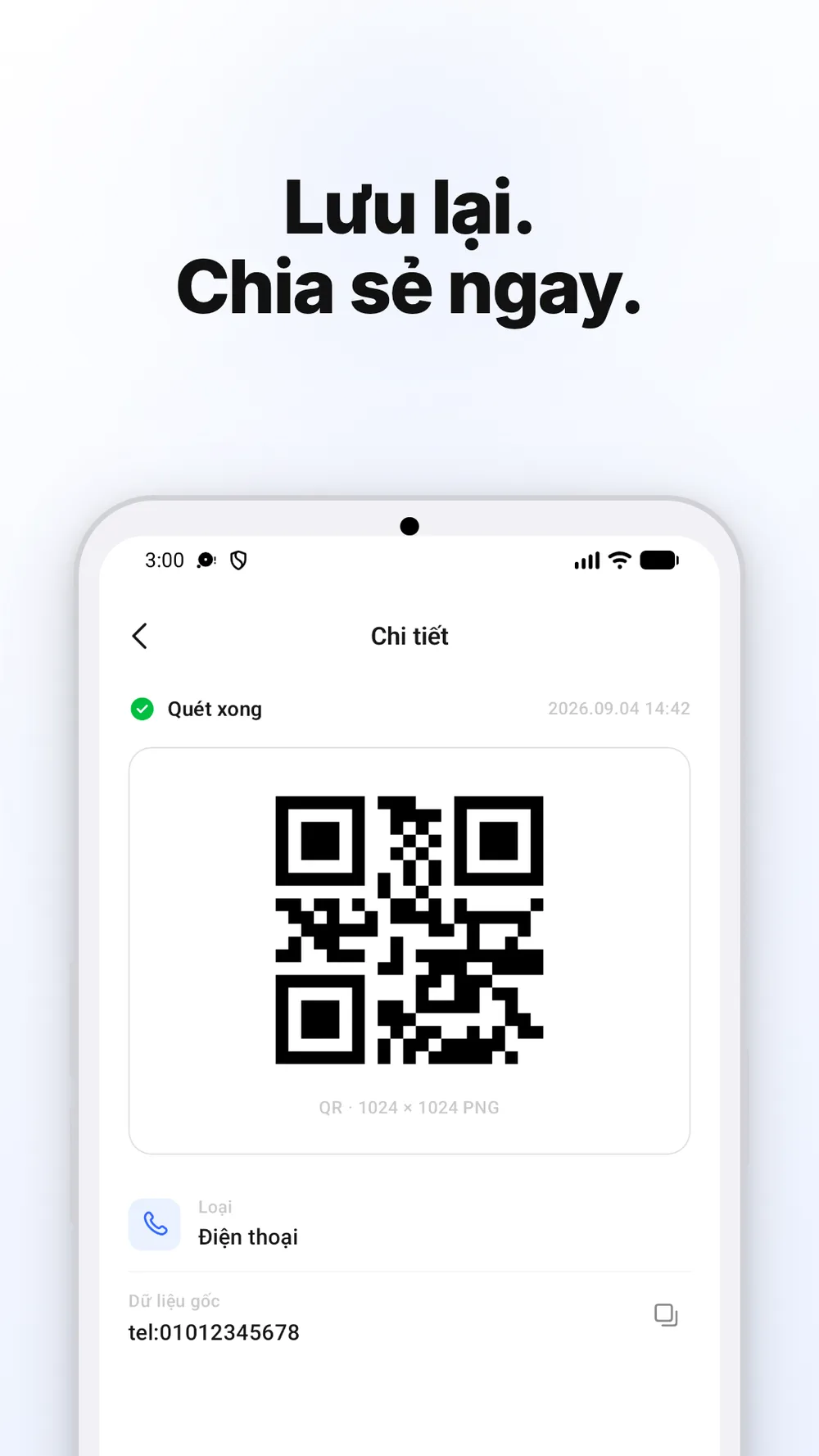 Màn hình chi tiết hiển thị mã QR cùng tùy chọn lưu và chia sẻ ảnh.