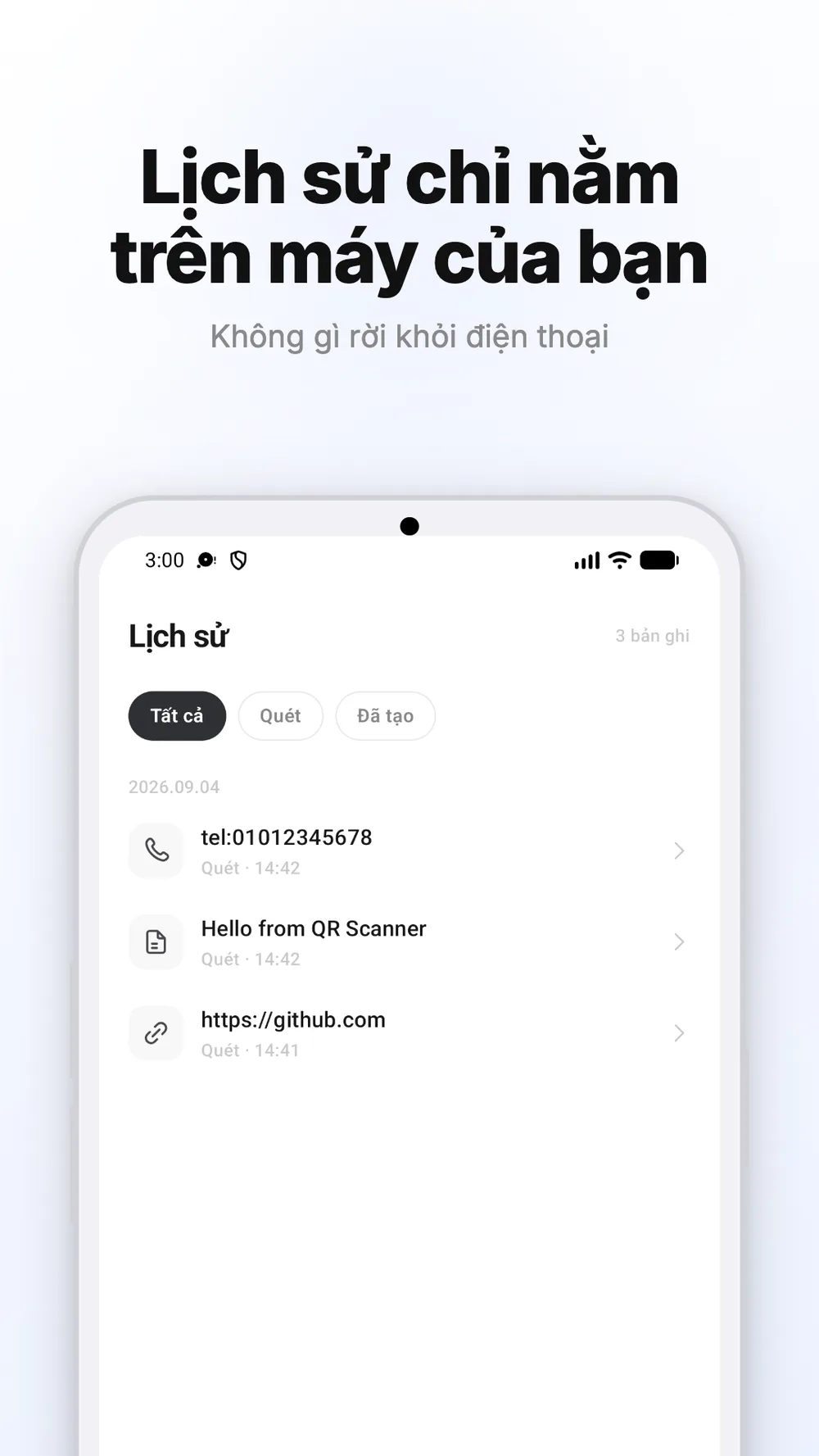 Lịch sử mã QR đã quét và đã tạo được lưu trên thiết bị.