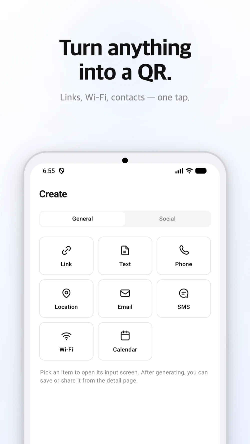 QR create screen — choosing general and social QR types