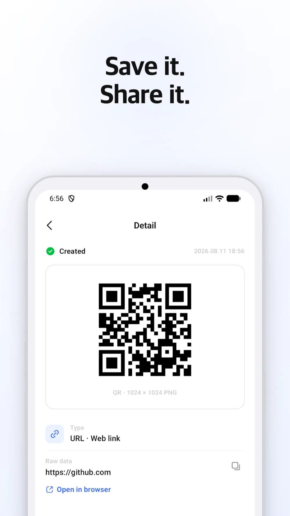 Created QR detail screen — high-resolution PNG export and share